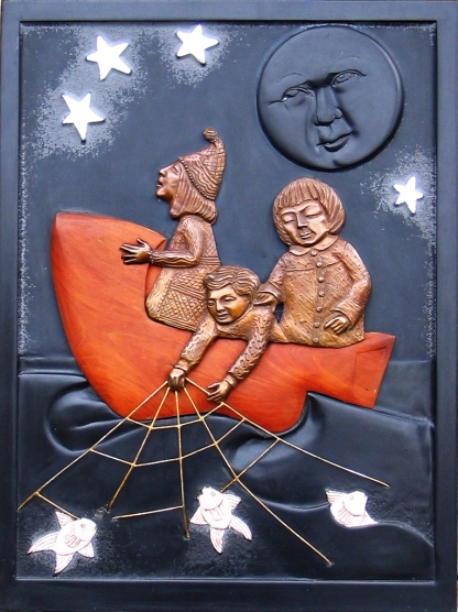 Up in the sky four silver stars surround a man in the moon looking down on Wynken, Blynken and Nod in their wooden shoe boat. The boat is on a wavy ocean with silver fish looking up at the three. Slate moon, sky and waves, wooden carved shoe, bronze sailors, and silver leaf stars and fish. The steel net is covered in gold leaf.
